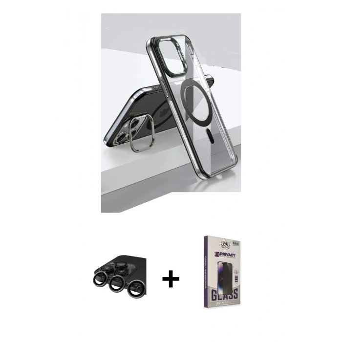 MARSİLYAN™- iPhone 15 Pro Kılıf Vadi Çizgi Özel Seri - Siyah Bilvis Hayalet Cam Ekran Koruyucu + Raze Metal Kamera Lens - TMGI