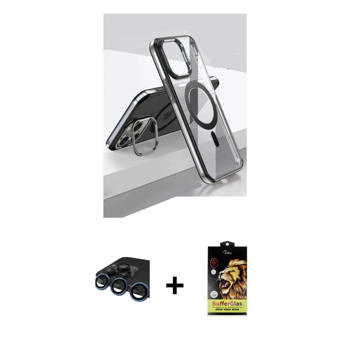MARSİLYAN™- iPhone 15 Pro Kılıf Vadi Çizgi Özel Seri - Siyah Buffer Cam Ekran Koruyucu + Raze Metal Kamera Lens - LT