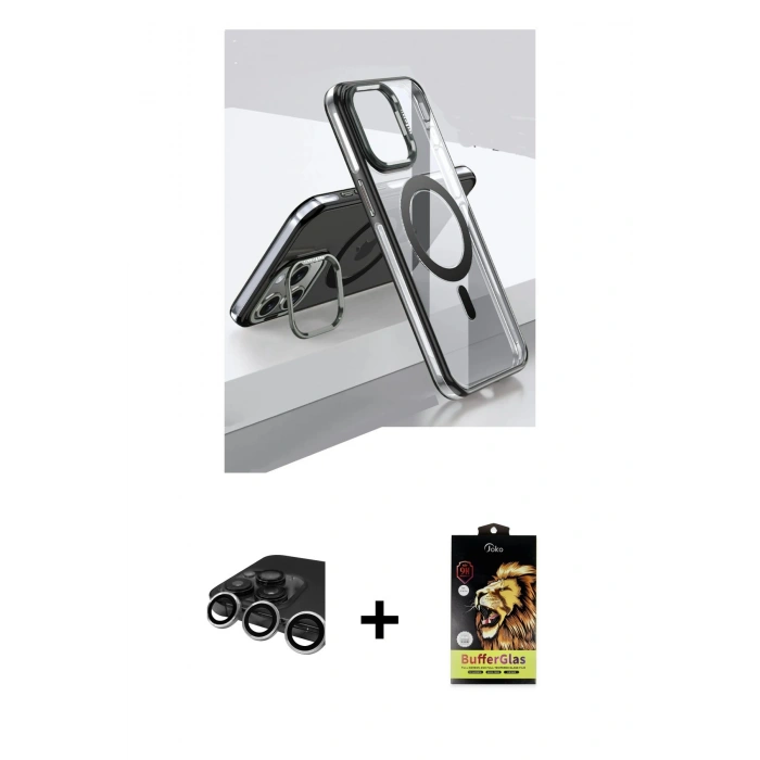 MARSİLYAN™- iPhone 15 Pro Kılıf Vadi Çizgi Özel Seri - Siyah Buffer Cam Ekran Koruyucu + Raze Metal Kamera Lens - GS