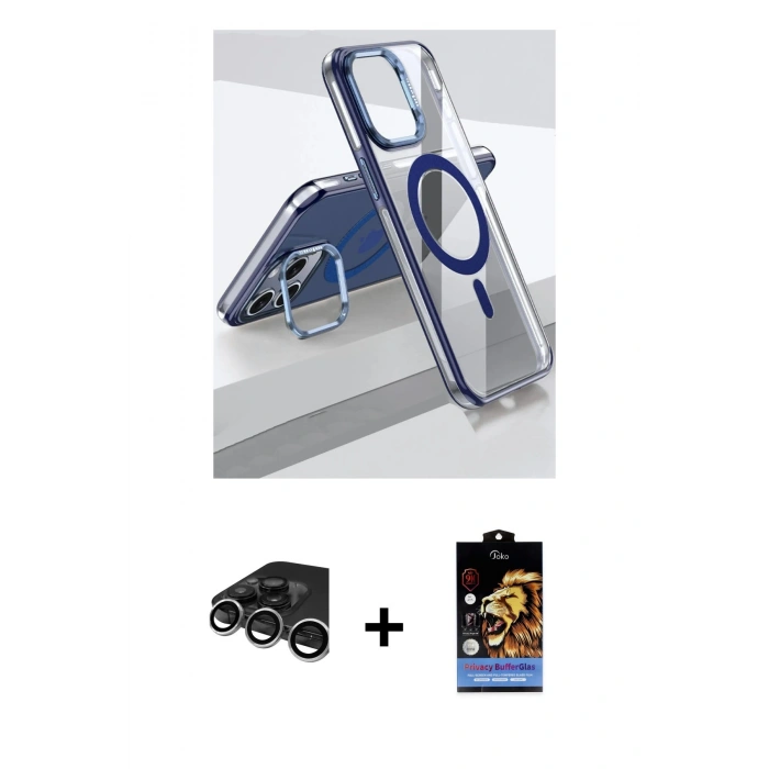 MARSİLYAN™- iPhone 15 Pro Kılıf Vadi Çizgi Özel Seri - Siyah Buffer Hayalet Cam Ekran Koruyucu + Raze Metal Kamera Lens - GS
