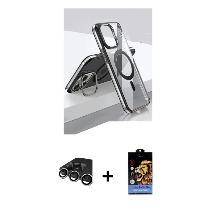 MARSİLYAN™- iPhone 15 Pro Kılıf Vadi Çizgi Özel Seri - Siyah Buffer Hayalet Cam Ekran Koruyucu + Raze Metal Kamera Lens - GS