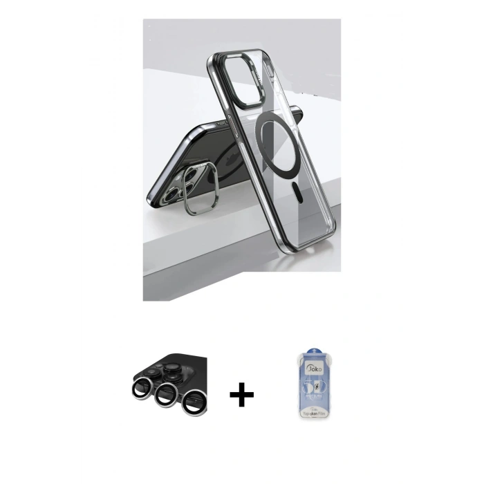 MARSİLYAN™- iPhone 15 Pro Kılıf Vadi Çizgi Özel Seri - Siyah Joko Magic 5D Cam + Raze Metal Kamera Lens - GS