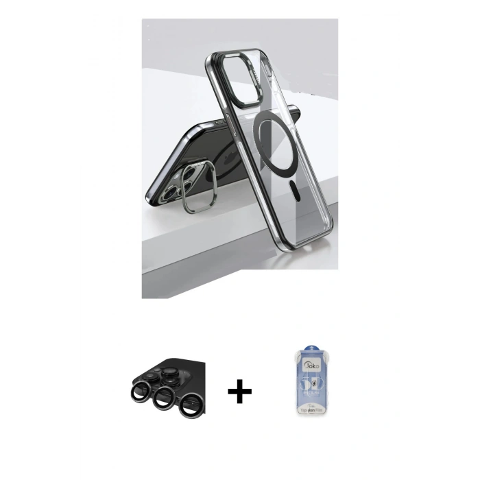 MARSİLYAN™- iPhone 15 Pro Kılıf Vadi Çizgi Özel Seri - Siyah Joko Magic 5D Cam + Titanyum Gri Raze Metal Kamera Lens