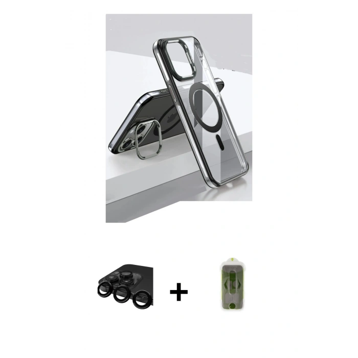 MARSİLYAN™- iPhone 15 Pro Kılıf Vadi Çizgi Özel Seri - Siyah Joko Magic 5D Hayalet Cam + Raze Metal Kamera Lens - SH