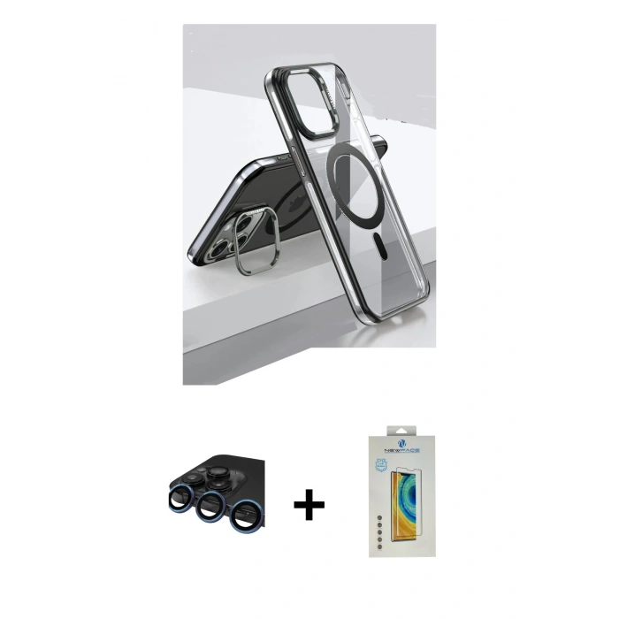 MARSİLYAN™- iPhone 15 Pro Kılıf Vadi Çizgi Özel Seri - Siyah Polymer Nano Ekran Koruyucu + Raze Metal Kamera Lens - LT