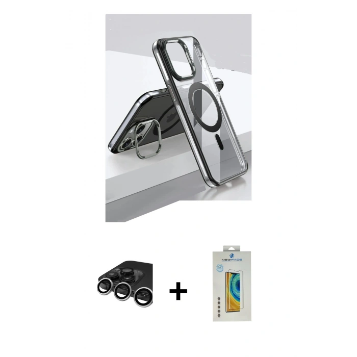 MARSİLYAN™- iPhone 15 Pro Kılıf Vadi Çizgi Özel Seri - Siyah Polymer Nano Ekran Koruyucu + Raze Metal Kamera Lens - GS