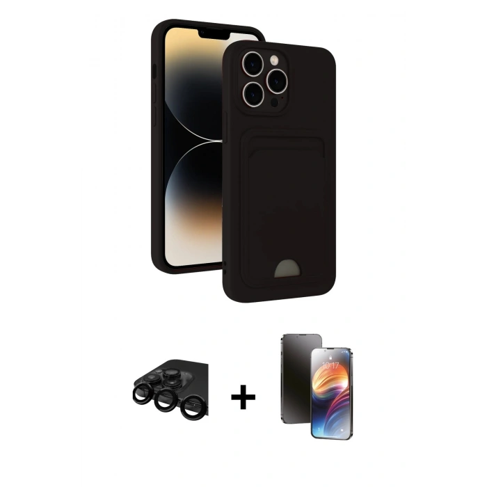 MARSİLYAN™- iPhone 15 Pro Kılıf Vadi Çizgi Prime - Siyah 3D Antistatik Mat Seramik Nano Ekran Koruyucu + Raze Metal Kamera Lens - SH