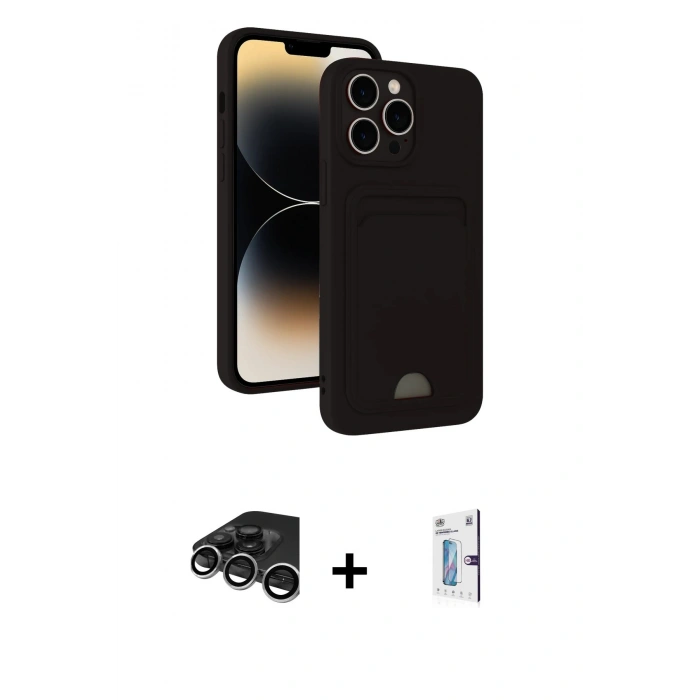 MARSİLYAN™- iPhone 15 Pro Kılıf Vadi Çizgi Prime - Siyah Bilvis 0.18mm Plus Cam Ekran Koruyucu + Raze Metal Kamera Lens - GS