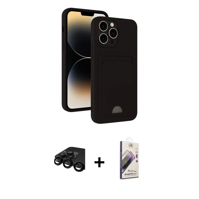 MARSİLYAN™- iPhone 15 Pro Kılıf Vadi Çizgi Prime - Siyah Bilvis 3D Mat Cam Ekran Koruyucu + Raze Metal Kamera Lens - SH