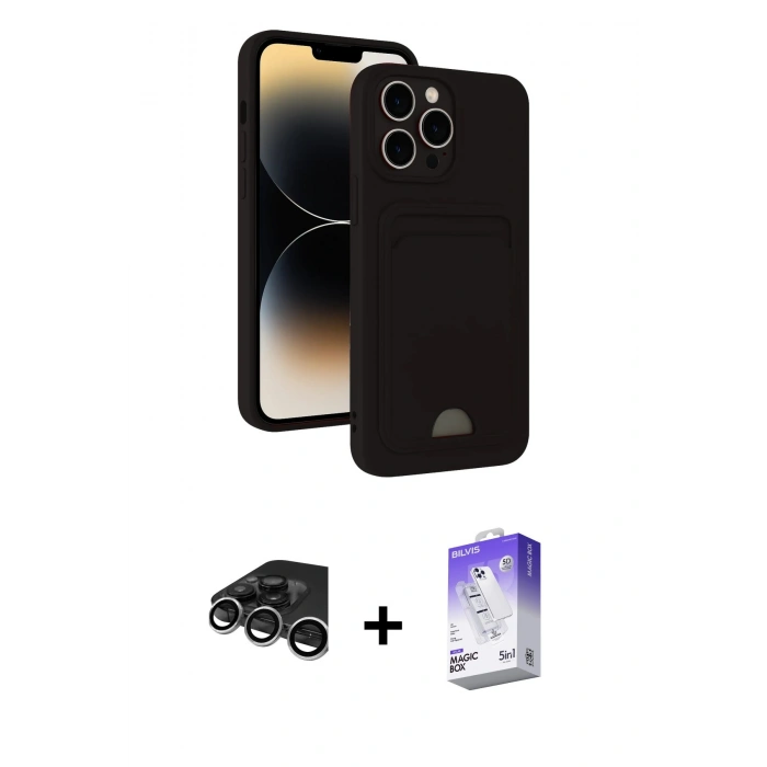 MARSİLYAN™- iPhone 15 Pro Kılıf Vadi Çizgi Prime - Siyah Bilvis 5in1 3D Magic Cam Ekran Koruyucu + Raze Metal Kamera Lens - GS