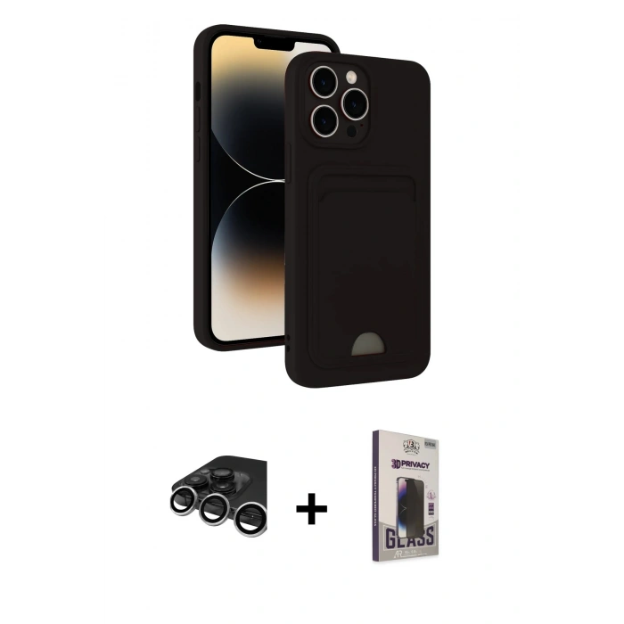 MARSİLYAN™- iPhone 15 Pro Kılıf Vadi Çizgi Prime - Siyah Bilvis Hayalet Cam Ekran Koruyucu + Raze Metal Kamera Lens - GS