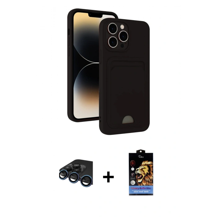 MARSİLYAN™- iPhone 15 Pro Kılıf Vadi Çizgi Prime - Siyah Buffer Hayalet Cam Ekran Koruyucu + Raze Metal Kamera Lens - LT