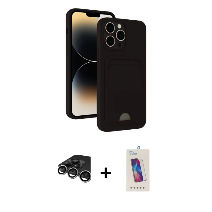 MARSİLYAN™- iPhone 15 Pro Kılıf Vadi Çizgi Prime - Siyah Joko 5D Cam + Raze Metal Kamera Lens - GS
