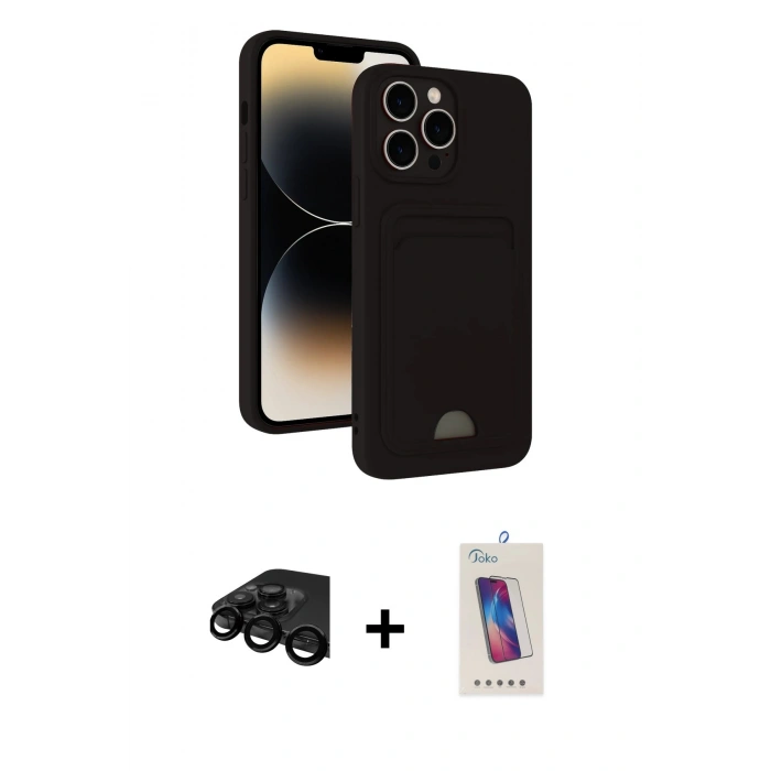 MARSİLYAN™- iPhone 15 Pro Kılıf Vadi Çizgi Prime - Siyah Joko 5D Cam + Raze Metal Kamera Lens - SH