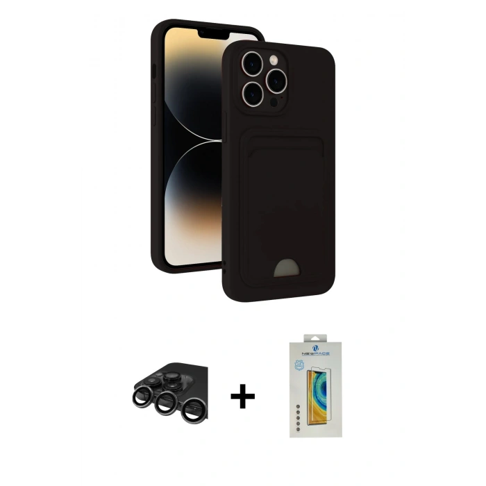 MARSİLYAN™- iPhone 15 Pro Kılıf Vadi Çizgi Prime - Siyah Polymer Nano Ekran Koruyucu + Raze Metal Kamera Lens - TMGI
