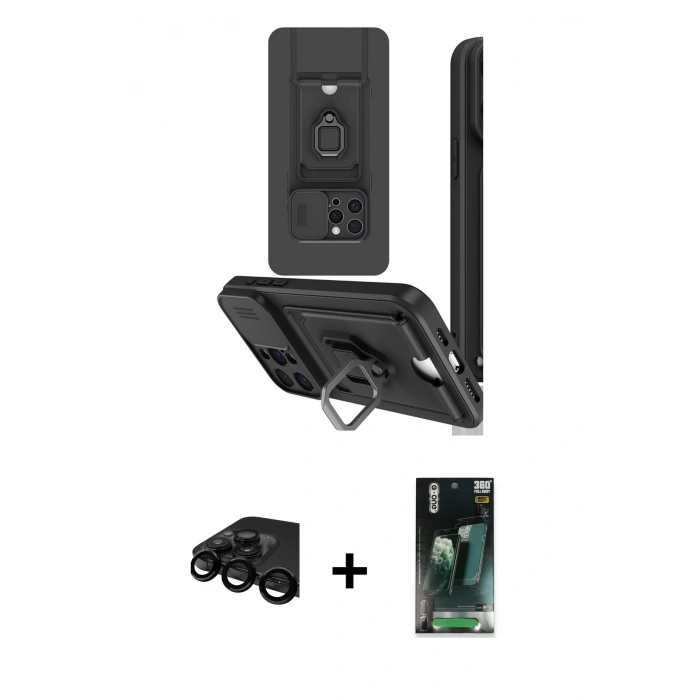 MARSİLYAN™- iPhone 15 Pro Kılıf Vadi Form Prime - Siyah 360 Mat Full Body Arka Koruyucu + Raze Metal Kamera Lens - SH
