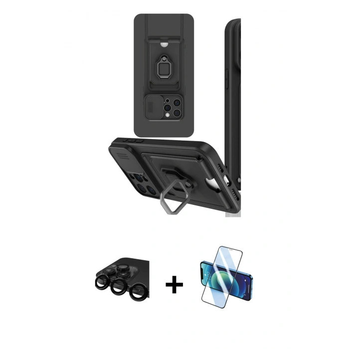 MARSİLYAN™- iPhone 15 Pro Kılıf Vadi Form Prime - Siyah 3D Antistatik Cam Ekran Koruyucu + Raze Metal Kamera Lens - SH