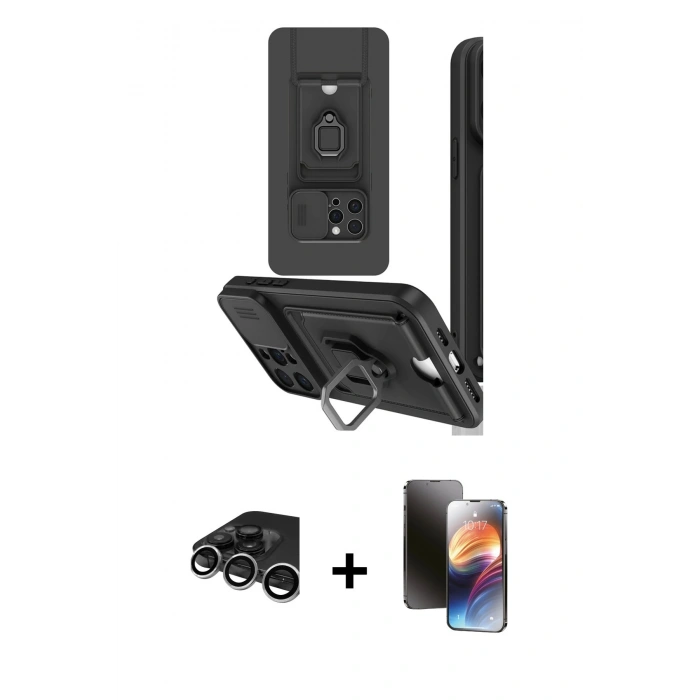 MARSİLYAN™- iPhone 15 Pro Kılıf Vadi Form Prime - Siyah 3D Antistatik Mat Seramik Nano Ekran Koruyucu + Raze Metal Kamera Lens - GS