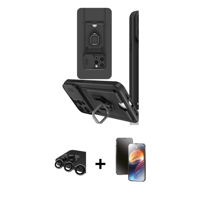 MARSİLYAN™- iPhone 15 Pro Kılıf Vadi Form Prime - Siyah 3D Antistatik Mat Seramik Nano Ekran Koruyucu + Raze Metal Kamera Lens - TMGI