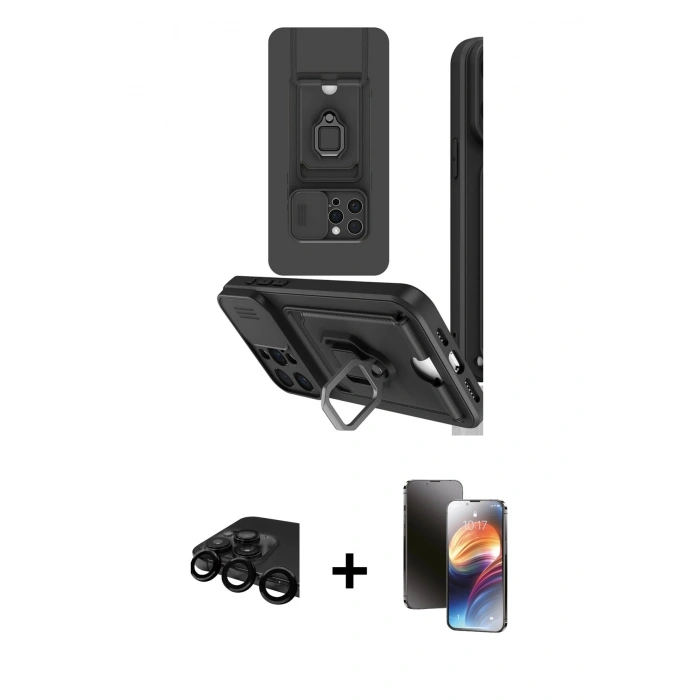 MARSİLYAN™- iPhone 15 Pro Kılıf Vadi Form Prime - Siyah 3D Antistatik Mat Seramik Nano Ekran Koruyucu + Raze Metal Kamera Lens - SH