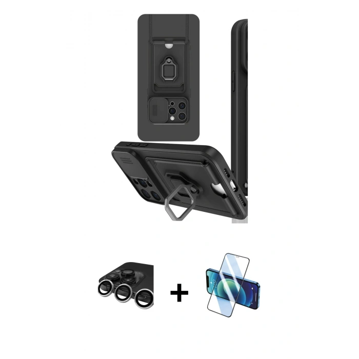 MARSİLYAN™- iPhone 15 Pro Kılıf Vadi Form Prime - Siyah 3D Antistatik Seramik Nano Ekran Koruyucu + Raze Metal Kamera Lens - GS