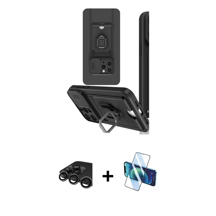 MARSİLYAN™- iPhone 15 Pro Kılıf Vadi Form Prime - Siyah 3D Antistatik Seramik Nano Ekran Koruyucu + Raze Metal Kamera Lens - TMGI