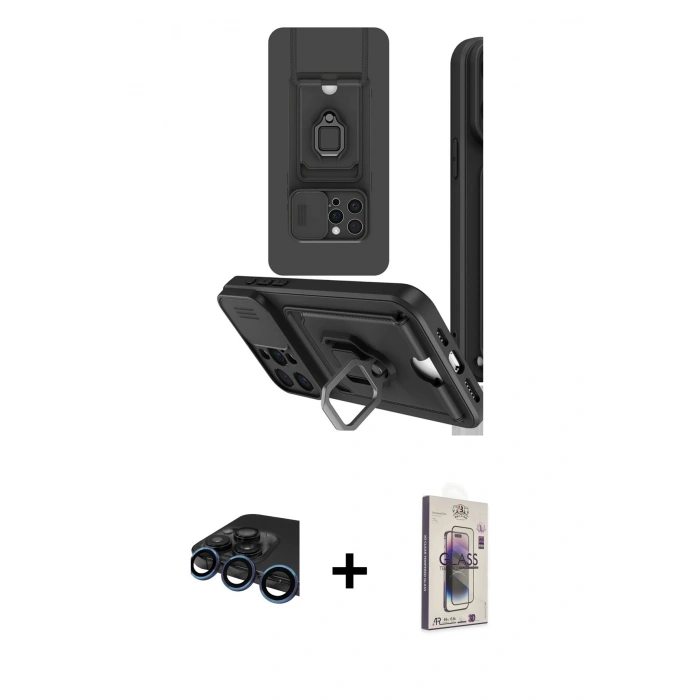 MARSİLYAN™- iPhone 15 Pro Kılıf Vadi Form Prime - Siyah Bilvis 3D Cam Ekran Koruyucu + Raze Metal Kamera Lens - LT