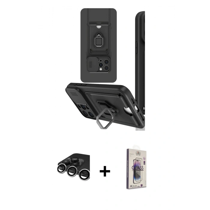 MARSİLYAN™- iPhone 15 Pro Kılıf Vadi Form Prime - Siyah Bilvis 3D Cam Ekran Koruyucu + Raze Metal Kamera Lens - GS