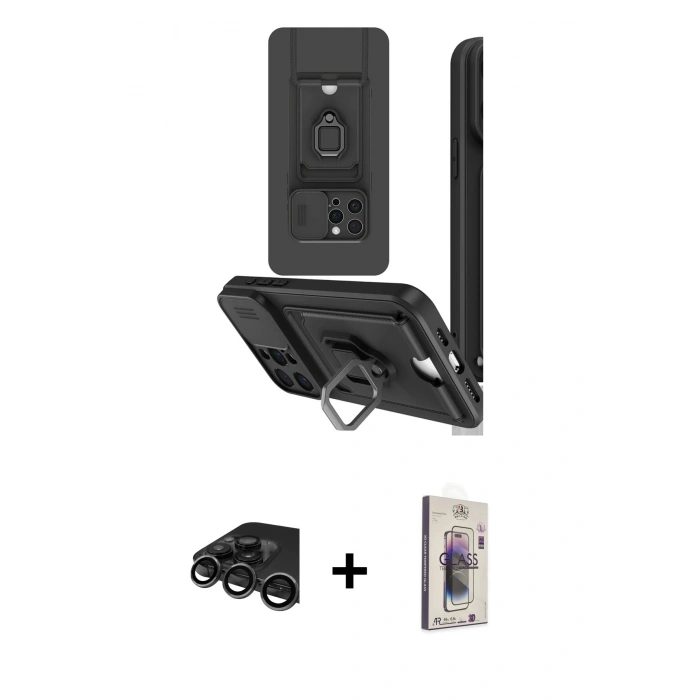 MARSİLYAN™- iPhone 15 Pro Kılıf Vadi Form Prime - Siyah Bilvis 3D Cam Ekran Koruyucu + Raze Metal Kamera Lens - TMGI