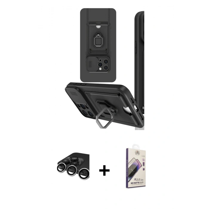 MARSİLYAN™- iPhone 15 Pro Kılıf Vadi Form Prime - Siyah Bilvis 3D Mat Cam Ekran Koruyucu + Raze Metal Kamera Lens - GS