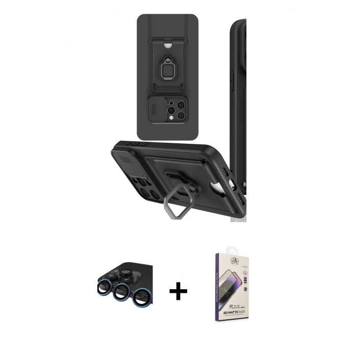 MARSİLYAN™- iPhone 15 Pro Kılıf Vadi Form Prime - Siyah Bilvis 3D Mat Cam Ekran Koruyucu + Lacivert Raze Metal Kamera Lens