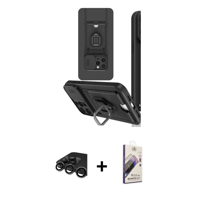 MARSİLYAN™- iPhone 15 Pro Kılıf Vadi Form Prime - Siyah Bilvis 3D Mat Cam Ekran Koruyucu + Titanyum Gri Raze Metal Kamera Lens