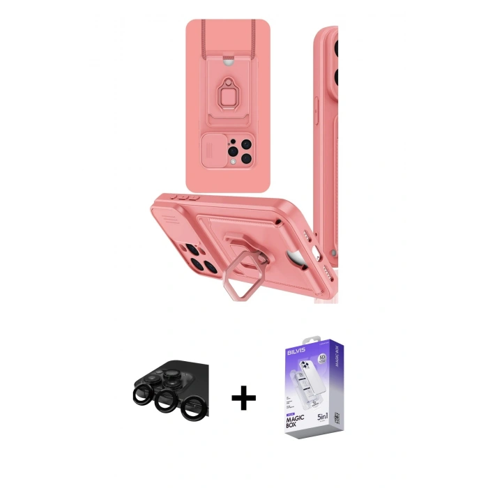 MARSİLYAN™- iPhone 15 Pro Kılıf Vadi Form Prime - Siyah Bilvis 5in1 3D Magic Cam Ekran Koruyucu + Siyah Raze Metal Kamera Lens