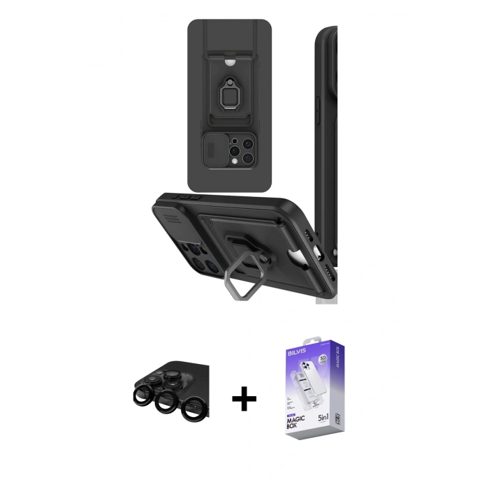 MARSİLYAN™- iPhone 15 Pro Kılıf Vadi Form Prime - Siyah Bilvis 5in1 3D Magic Cam Ekran Koruyucu + Siyah Raze Metal Kamera Lens
