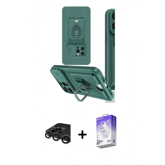 MARSİLYAN™- iPhone 15 Pro Kılıf Vadi Form Prime - Siyah Bilvis 5in1 3D Magic Cam Ekran Koruyucu + Raze Metal Kamera Lens - TMGI