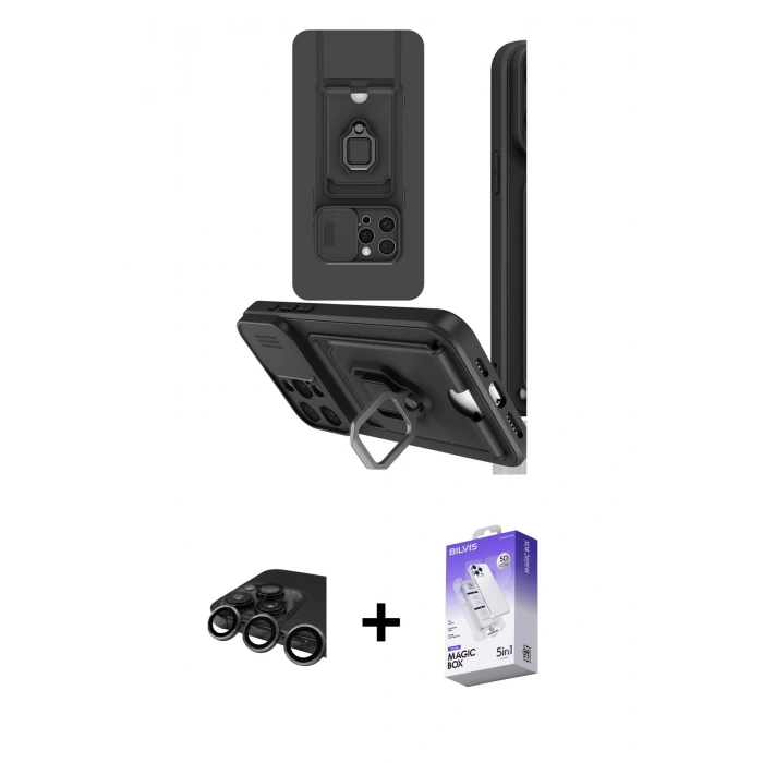 MARSİLYAN™- iPhone 15 Pro Kılıf Vadi Form Prime - Siyah Bilvis 5in1 3D Magic Cam Ekran Koruyucu + Raze Metal Kamera Lens - TMGI