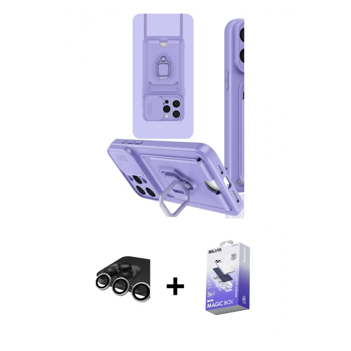 MARSİLYAN™- iPhone 15 Pro Kılıf Vadi Form Prime - Siyah Bilvis 5in1 5D Magic Hayalet Cam Ekran Koruyucu + Gümüş Raze Metal Kamera Lens