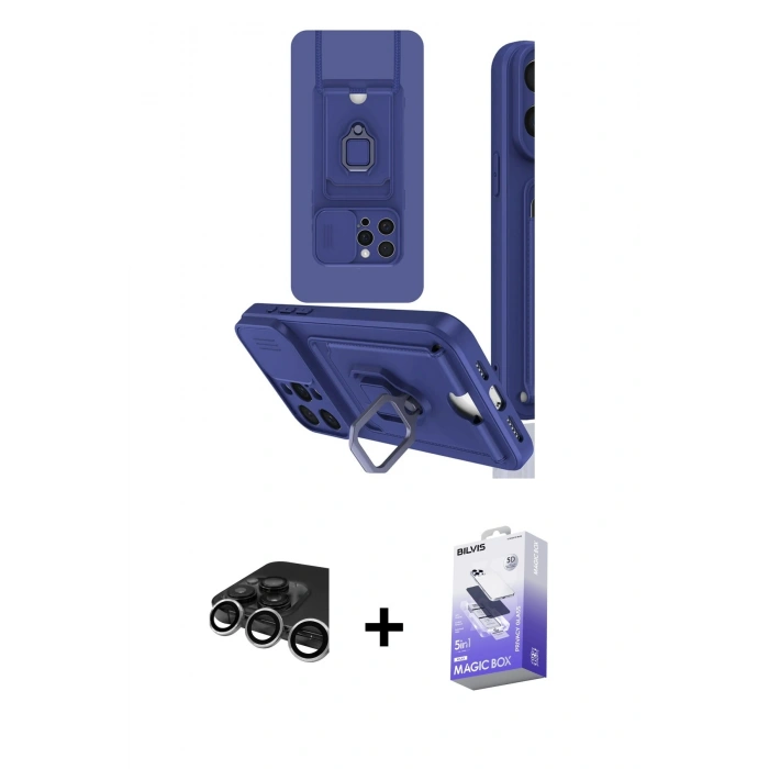 MARSİLYAN™- iPhone 15 Pro Kılıf Vadi Form Prime - Siyah Bilvis 5in1 5D Magic Hayalet Cam Ekran Koruyucu + Gümüş Raze Metal Kamera Lens