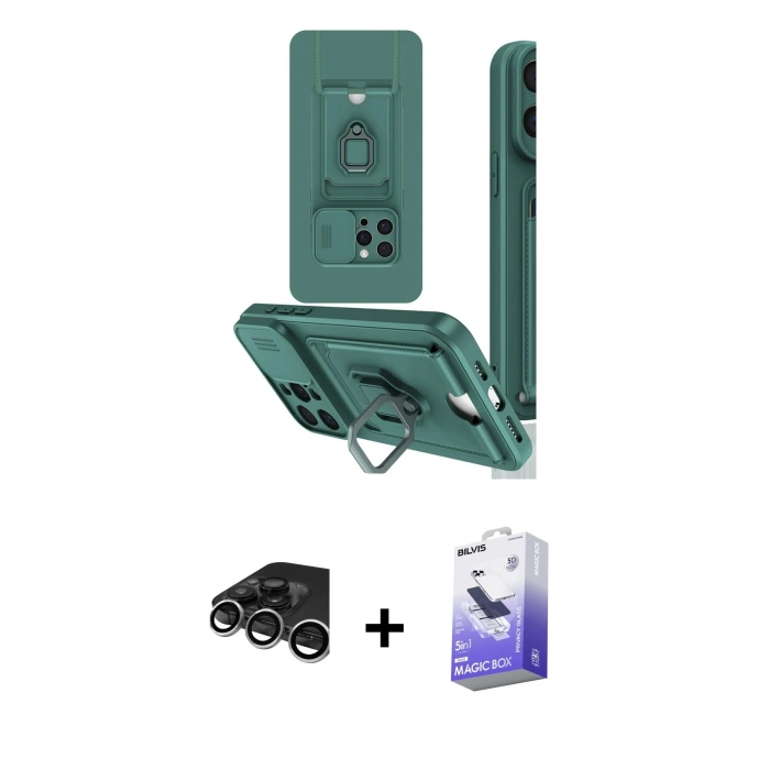 MARSİLYAN™- iPhone 15 Pro Kılıf Vadi Form Prime - Siyah Bilvis 5in1 5D Magic Hayalet Cam Ekran Koruyucu + Gümüş Raze Metal Kamera Lens