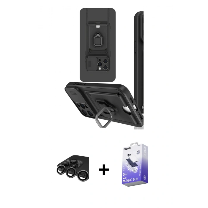 MARSİLYAN™- iPhone 15 Pro Kılıf Vadi Form Prime - Siyah Bilvis 5in1 5D Magic Hayalet Cam Ekran Koruyucu + Raze Metal Kamera Lens - TMGI