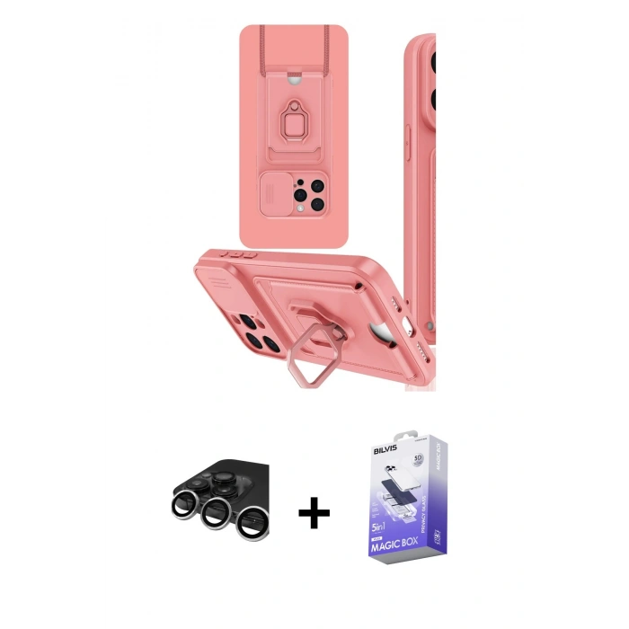 MARSİLYAN™- iPhone 15 Pro Kılıf Vadi Form Prime - Siyah Bilvis 5in1 5D Magic Hayalet Cam Ekran Koruyucu + Gümüş Raze Metal Kamera Lens