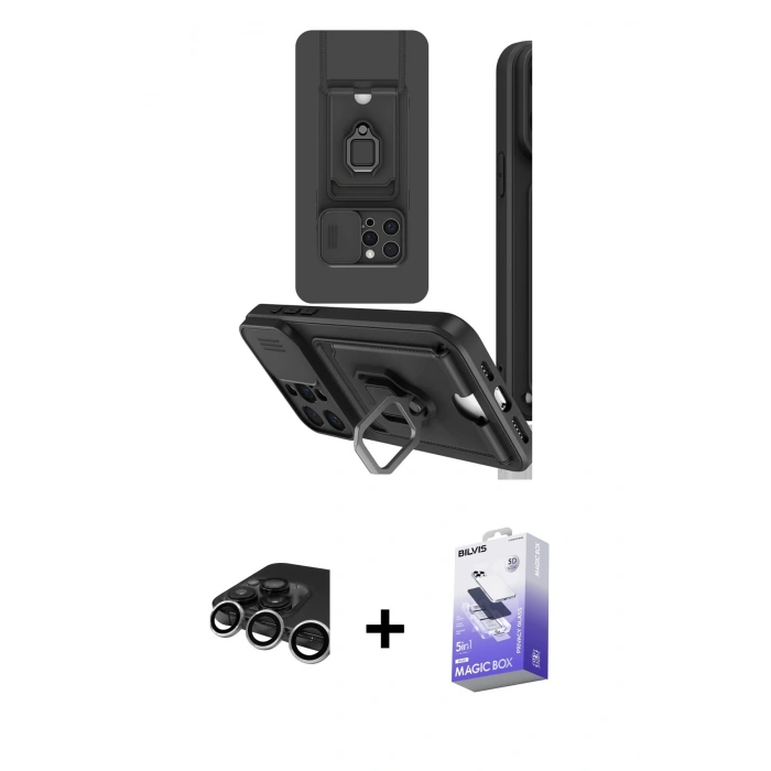 MARSİLYAN™- iPhone 15 Pro Kılıf Vadi Form Prime - Siyah Bilvis 5in1 5D Magic Hayalet Cam Ekran Koruyucu + Gümüş Raze Metal Kamera Lens