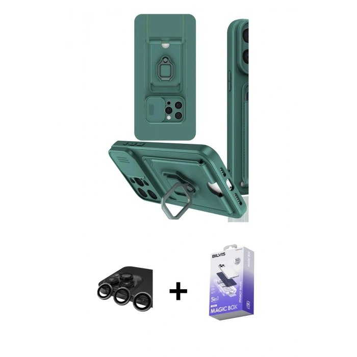 MARSİLYAN™- iPhone 15 Pro Kılıf Vadi Form Prime - Siyah Bilvis 5in1 5D Magic Hayalet Cam Ekran Koruyucu + Raze Metal Kamera Lens - TMGI