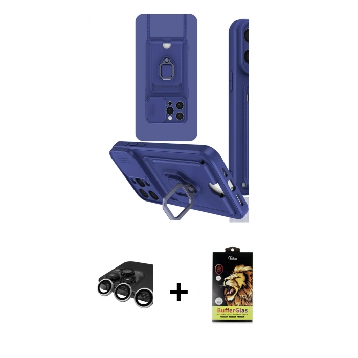 MARSİLYAN™- iPhone 15 Pro Kılıf Vadi Form Prime - Siyah Buffer Cam Ekran Koruyucu + Gümüş Raze Metal Kamera Lens