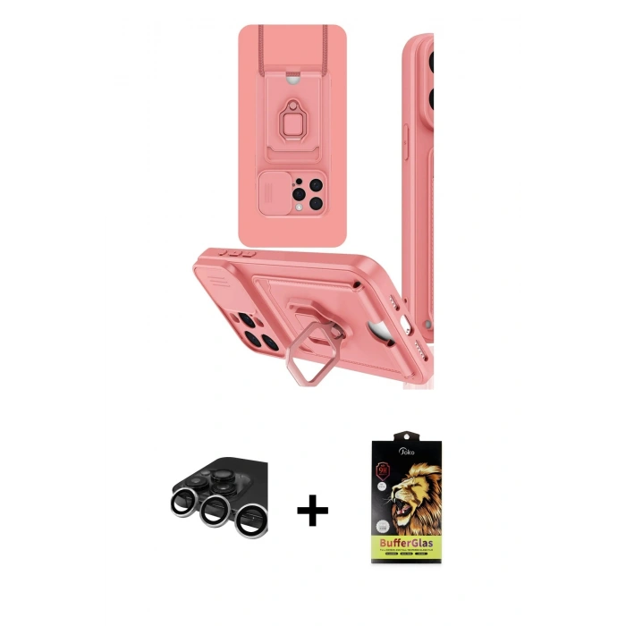 MARSİLYAN™- iPhone 15 Pro Kılıf Vadi Form Prime - Siyah Buffer Cam Ekran Koruyucu + Gümüş Raze Metal Kamera Lens