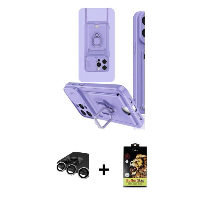 MARSİLYAN™- iPhone 15 Pro Kılıf Vadi Form Prime - Siyah Buffer Cam Ekran Koruyucu + Gümüş Raze Metal Kamera Lens
