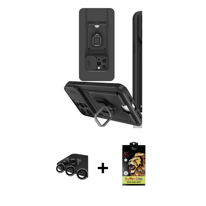 MARSİLYAN™- iPhone 15 Pro Kılıf Vadi Form Prime - Siyah Buffer Cam Ekran Koruyucu + Titanyum Gri Raze Metal Kamera Lens