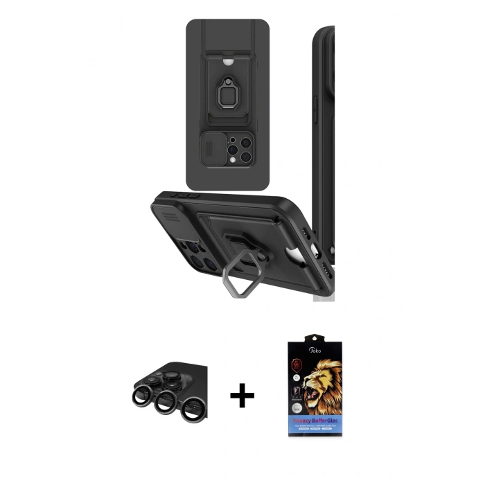 MARSİLYAN™- iPhone 15 Pro Kılıf Vadi Form Prime - Siyah Buffer Hayalet Cam Ekran Koruyucu + Raze Metal Kamera Lens - TMGI