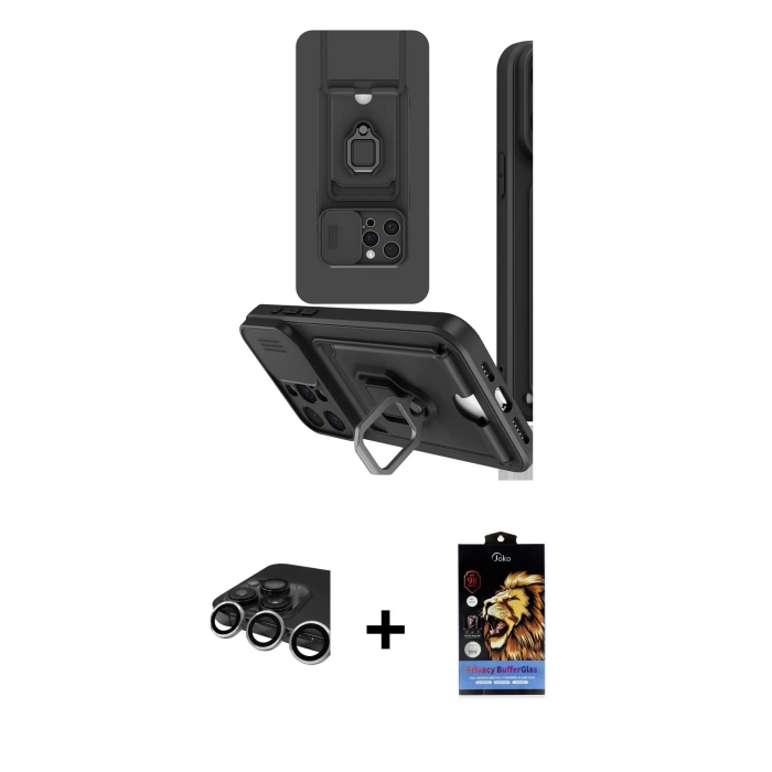 MARSİLYAN™- iPhone 15 Pro Kılıf Vadi Form Prime - Siyah Buffer Hayalet Cam Ekran Koruyucu + Raze Metal Kamera Lens - GS