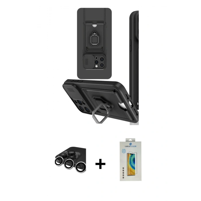 MARSİLYAN™- iPhone 15 Pro Kılıf Vadi Form Prime - Siyah Polymer Nano Ekran Koruyucu + Raze Metal Kamera Lens - GS